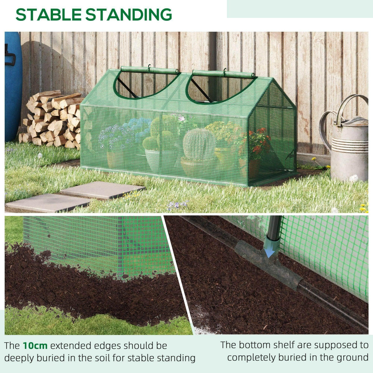 Green greenhouse tent with roll-up windows and extended ground-edge for stability