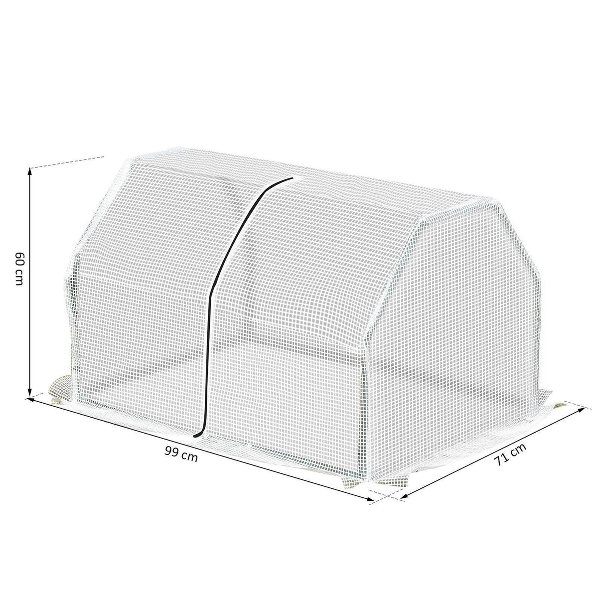 Portable greenhouse with white mesh cover and green frame, shown with size dimensions