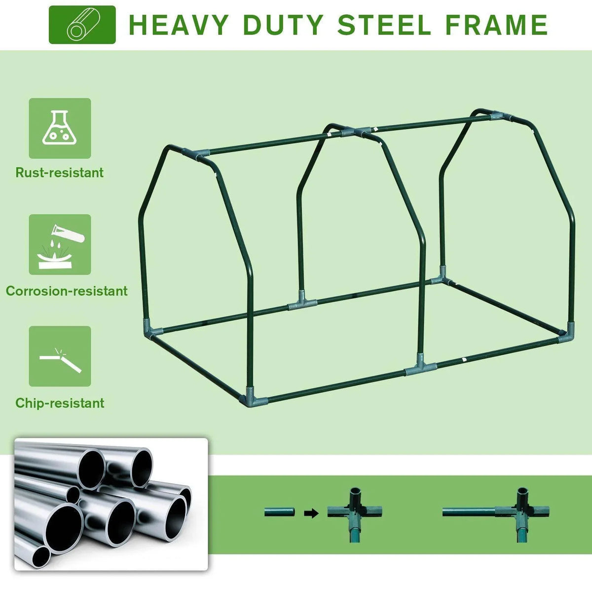 Green steel greenhouse frame with rust- and corrosion-resistant protective features