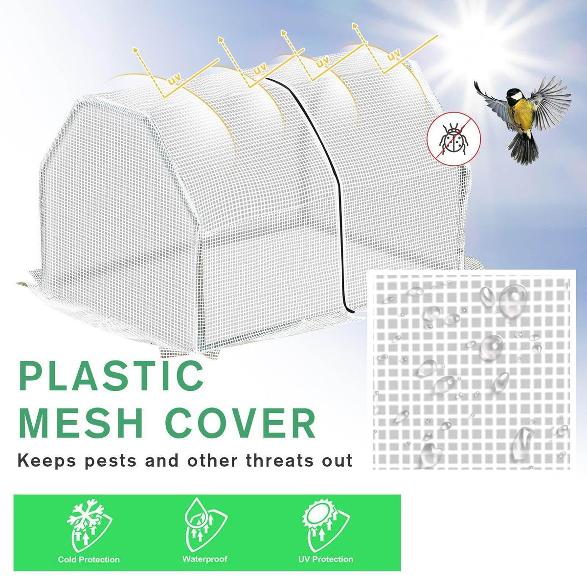 White plastic mesh greenhouse cover with pest protection and UV protection icons