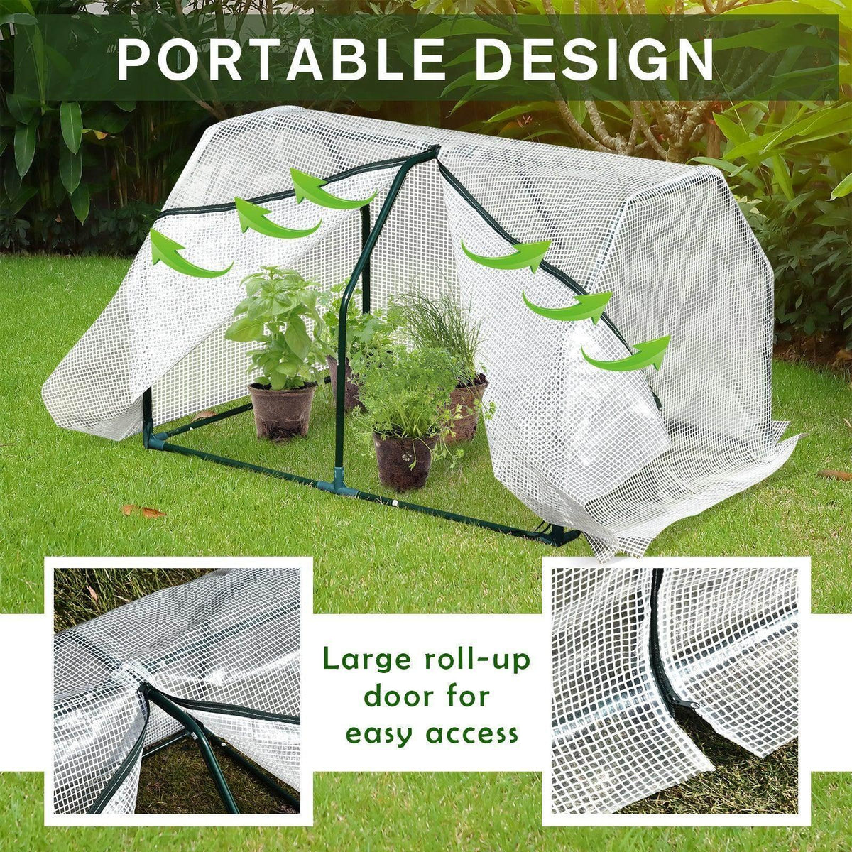 Portable greenhouse with roll-up door, white mesh cover and green frame with potted plants