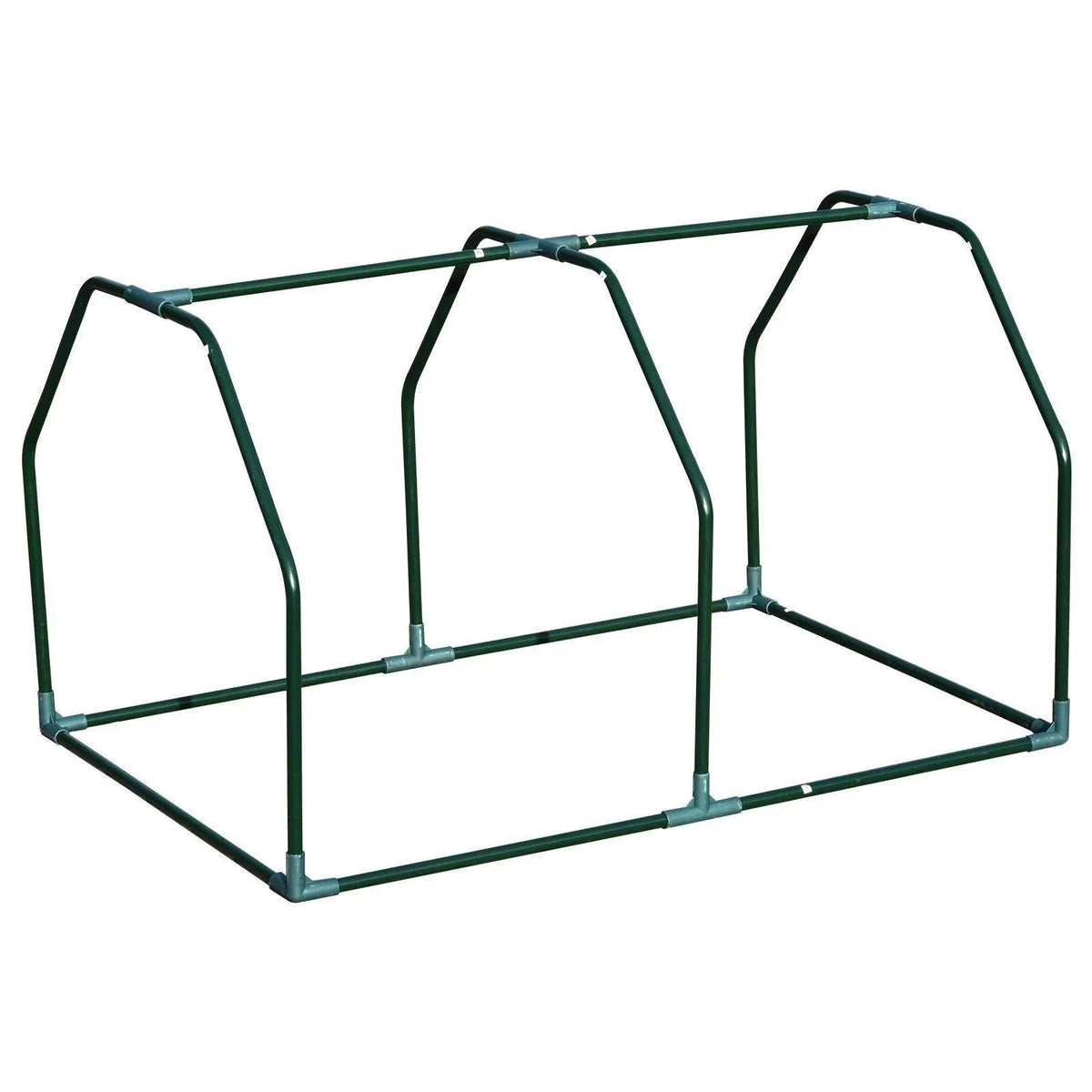 Green metal greenhouse frame with arched top and open base, no mesh cover