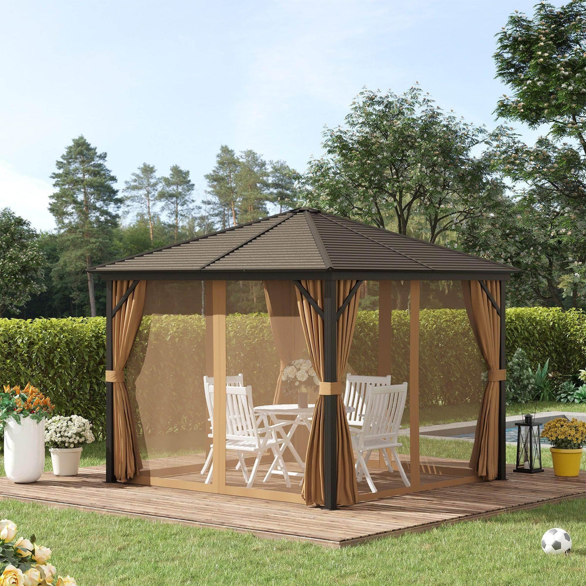 Hardtop steel gazebo with dark roof and beige curtain panels, open center for chairs