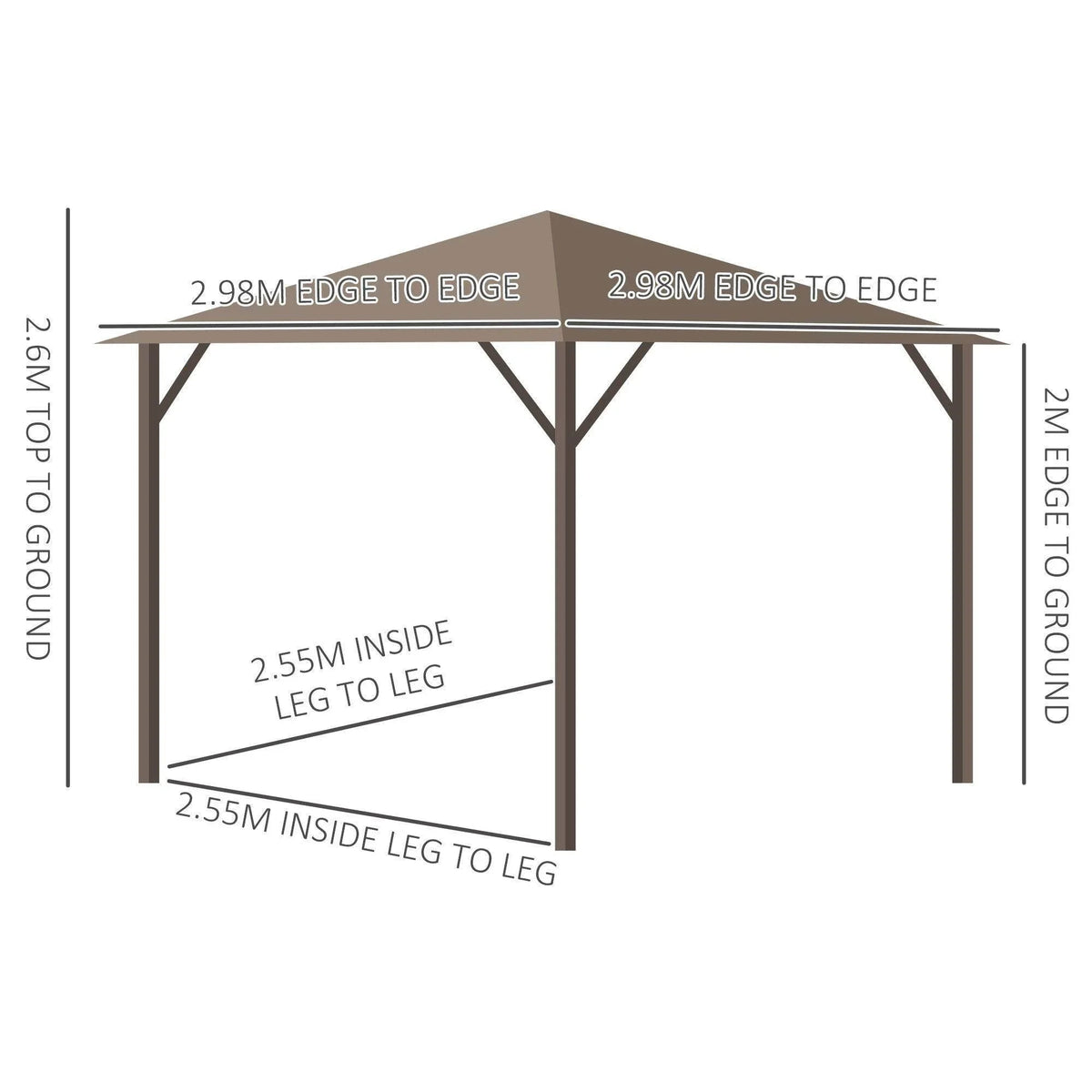 Hardtop gazebo frame diagram with edge-to-edge and leg-to-leg dimensions