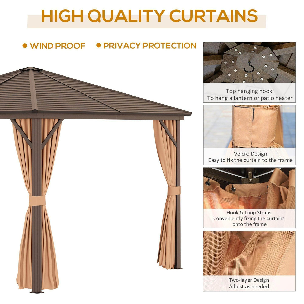 Hardtop gazebo with hanging beige curtains, tied corners and two-layer curtain design