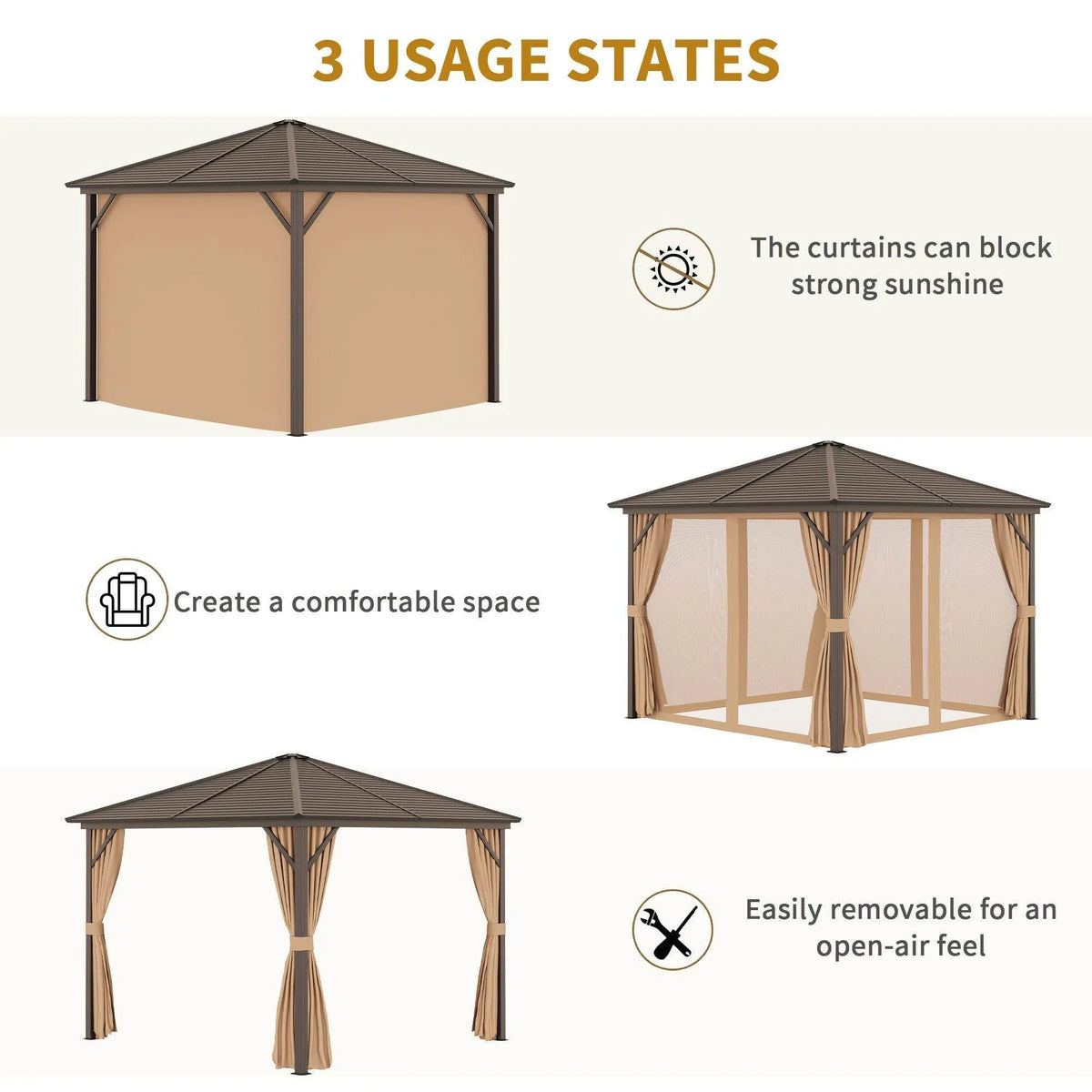 Hardtop gazebo with beige curtains, shown as fully covered and partially open