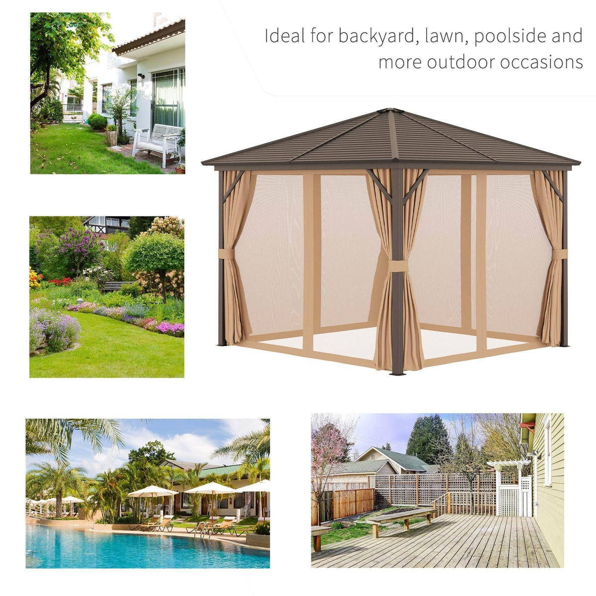 Outdoor hardtop gazebo with dark roof and beige curtain panels surrounding a seating area