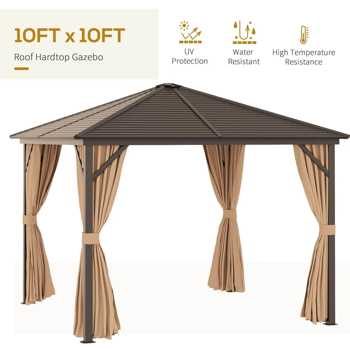 Hardtop steel gazebo with dark sloped roof and beige curtains tied at the corners