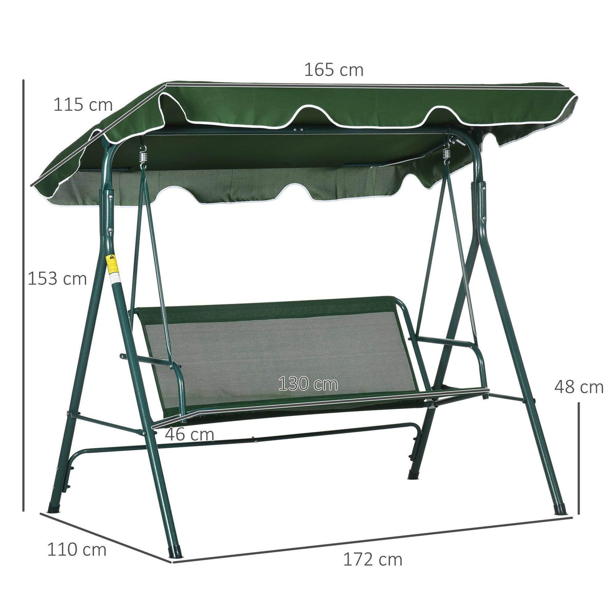 Green adjustable-canopy swing chair, striped bench cushion and steel support legs