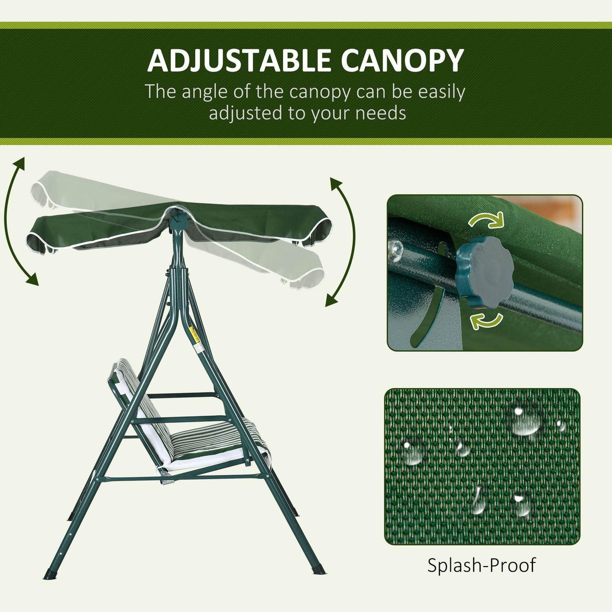 Green adjustable-canopy swing chair with hanging seat and sturdy support frame