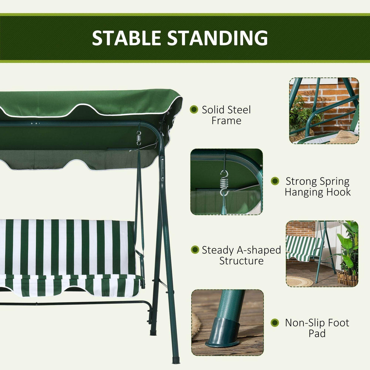 Green swing chair canopy and striped bench cushion on sturdy steel frame legs