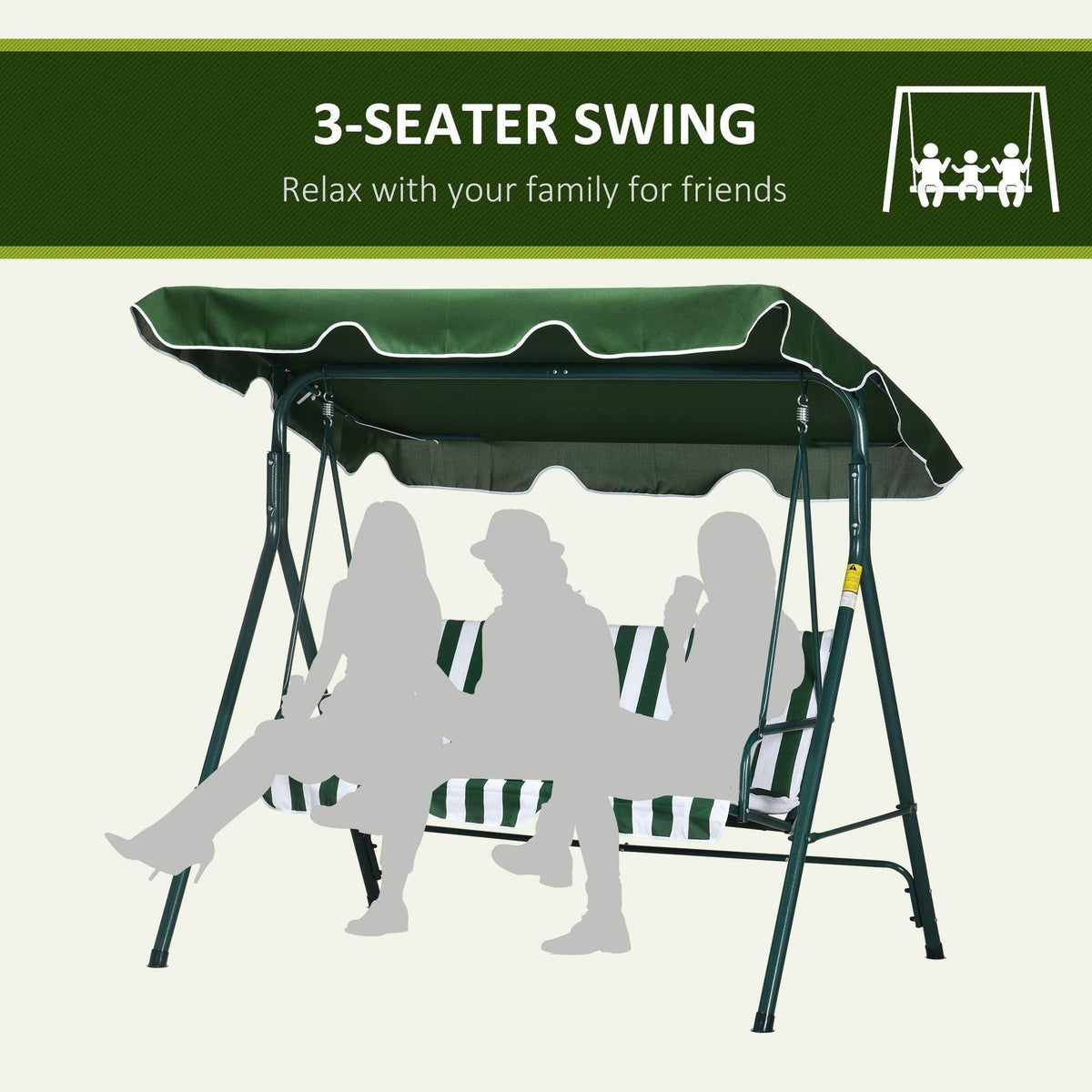 Green three-person swing chair with adjustable canopy and striped cushions on steel frame