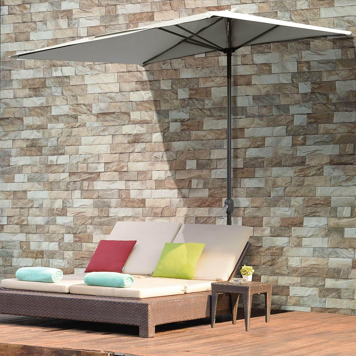 Beige semi-round patio umbrella with crank handle, open canopy and black pole