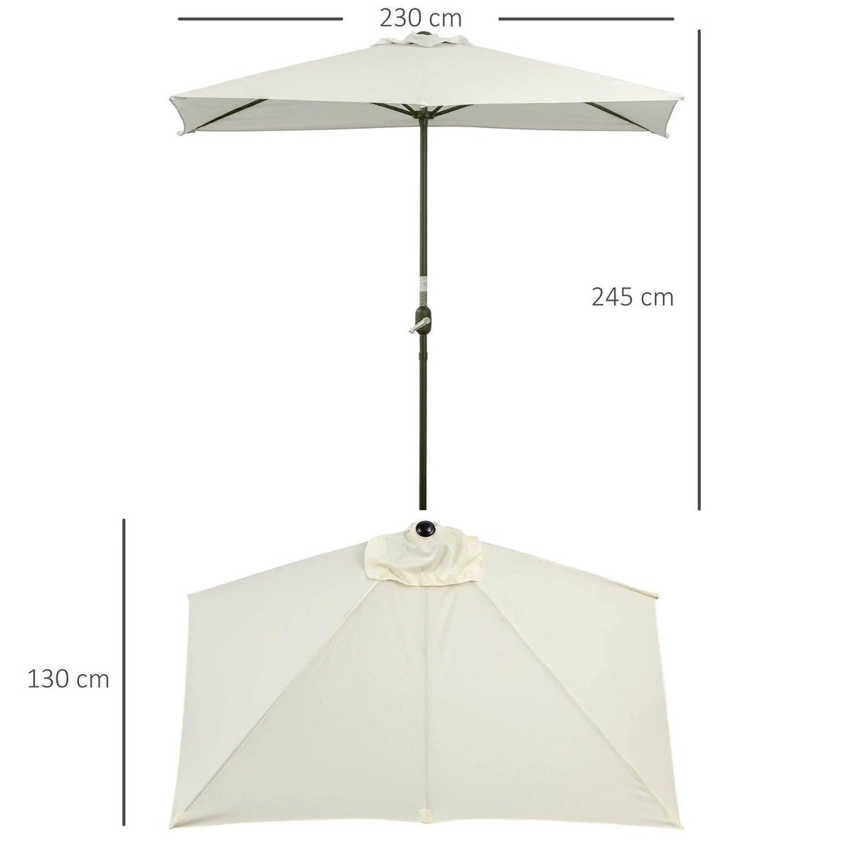 Beige semi-round patio umbrella with open canopy, crank support and center pole