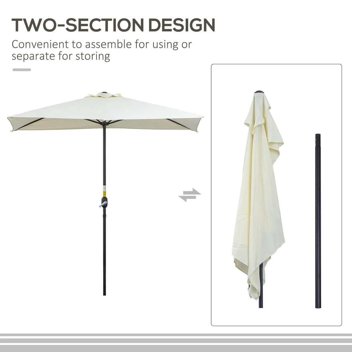 Beige semi-round patio umbrella with two-section open canopy and hanging cover