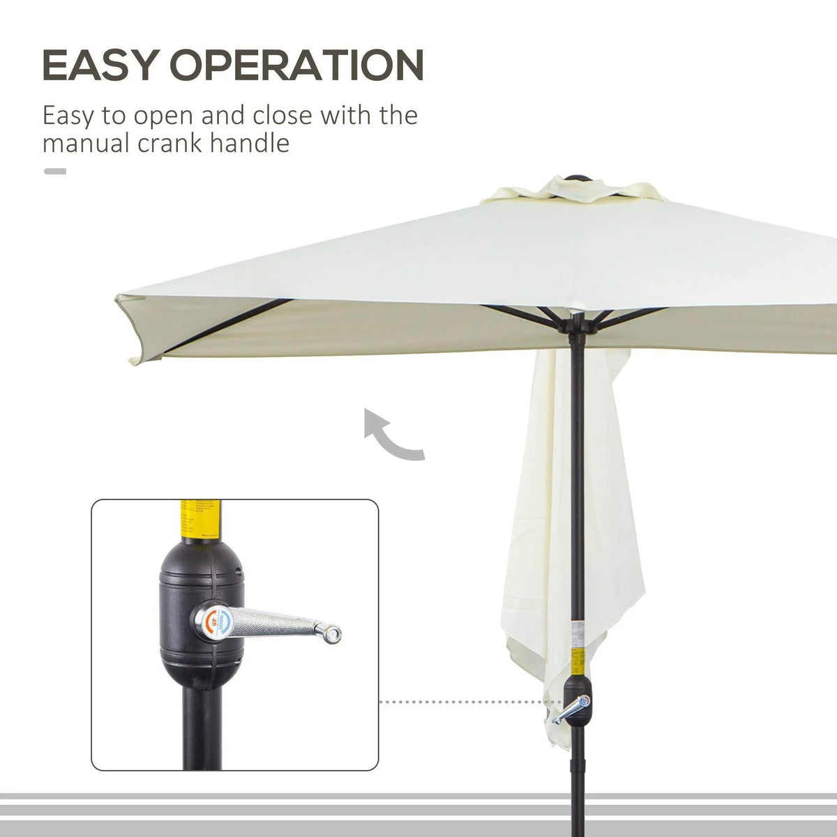 Beige semi-round patio umbrella with crank handle and side hanging canopy panel