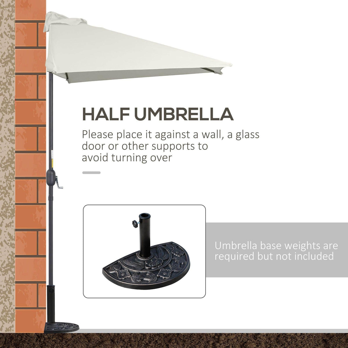 Beige half patio umbrella with crank handle pole and base mounting point