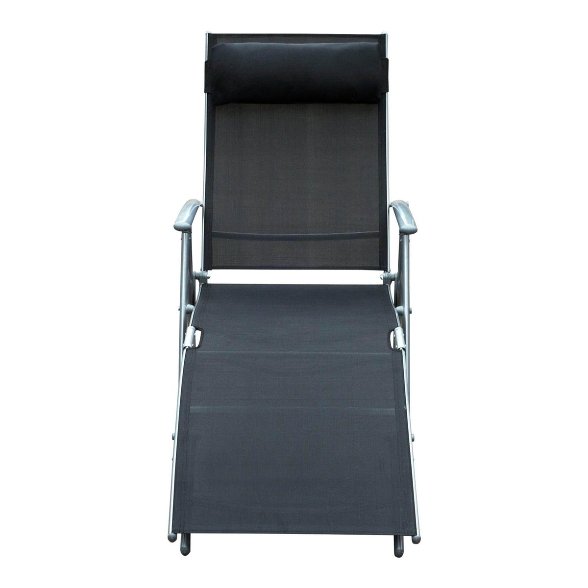 Black sun lounger chair with tall backrest, padded seat, and metal legs
