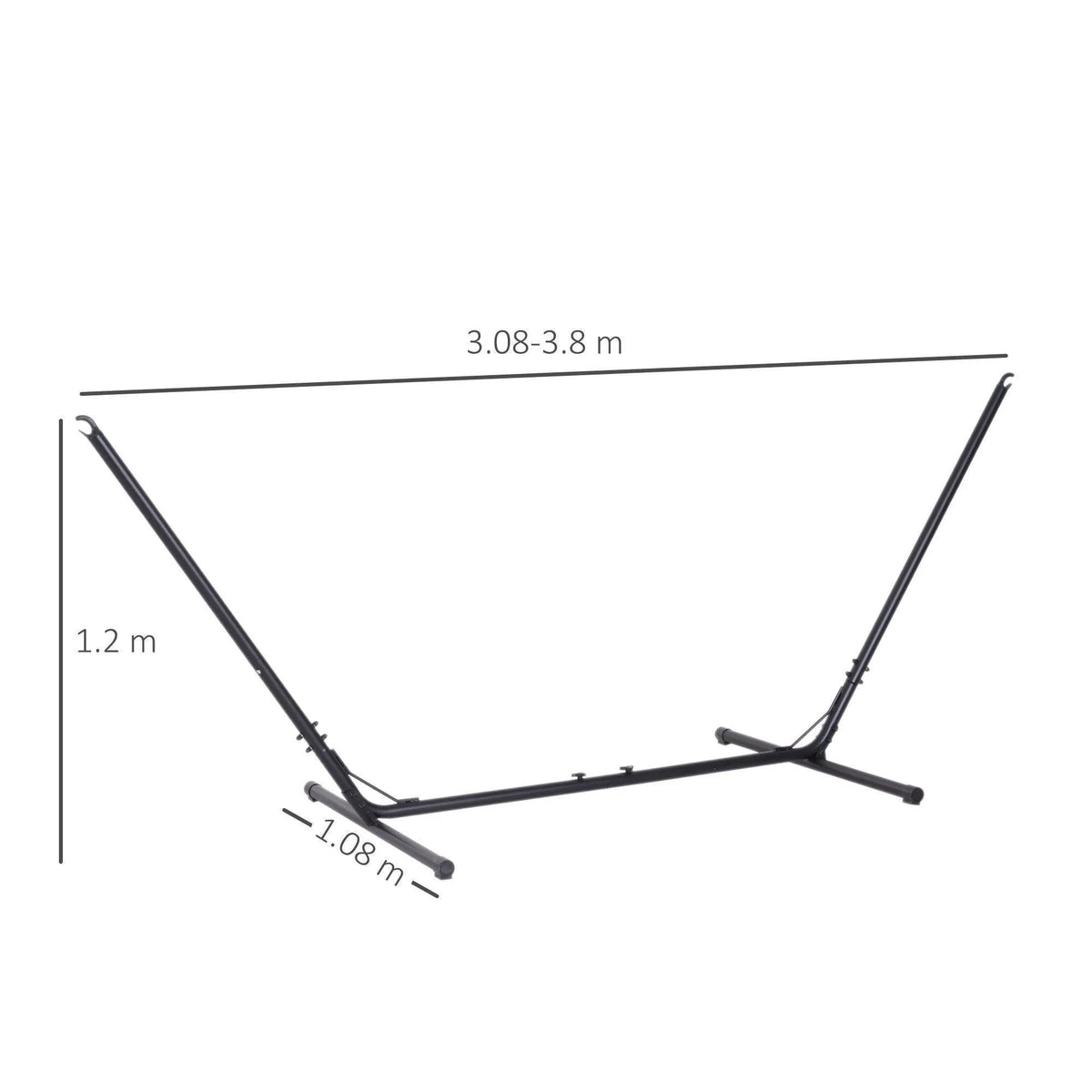 Black metal hammock stand frame with angled legs and height/length dimensions