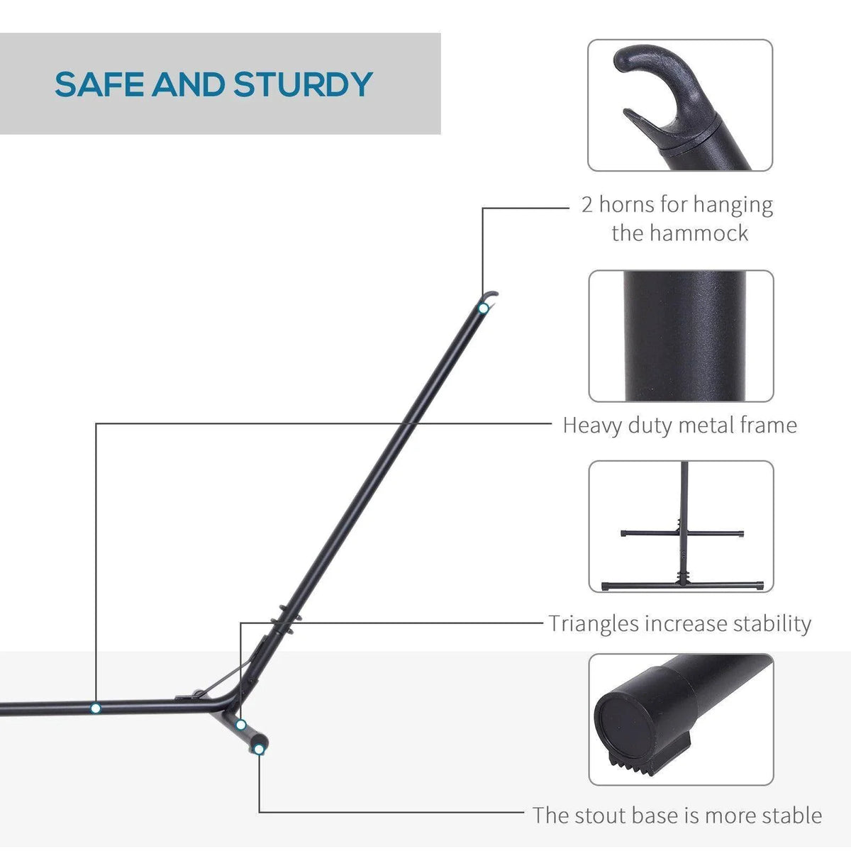 Black hammock stand frame with heavy-duty base and hanging support hooks