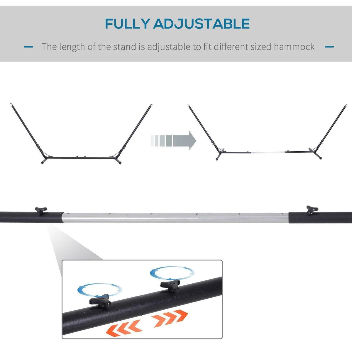 Fully adjustable hammock stand frame with multiple support positions and length bar