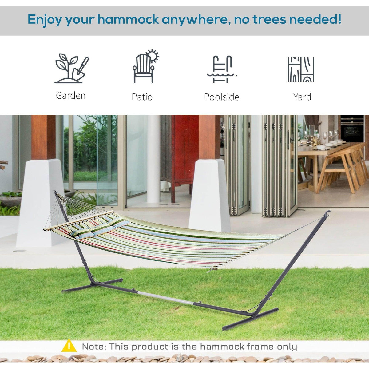 Hammock frame with striped green-and-multi hammock on a black metal stand