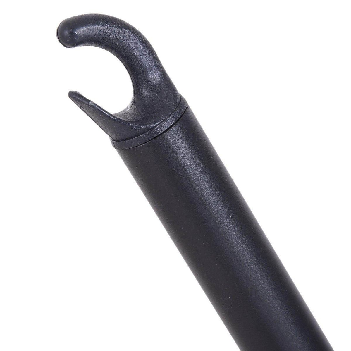 Close-up of black curved hook end on hammock stand support pole