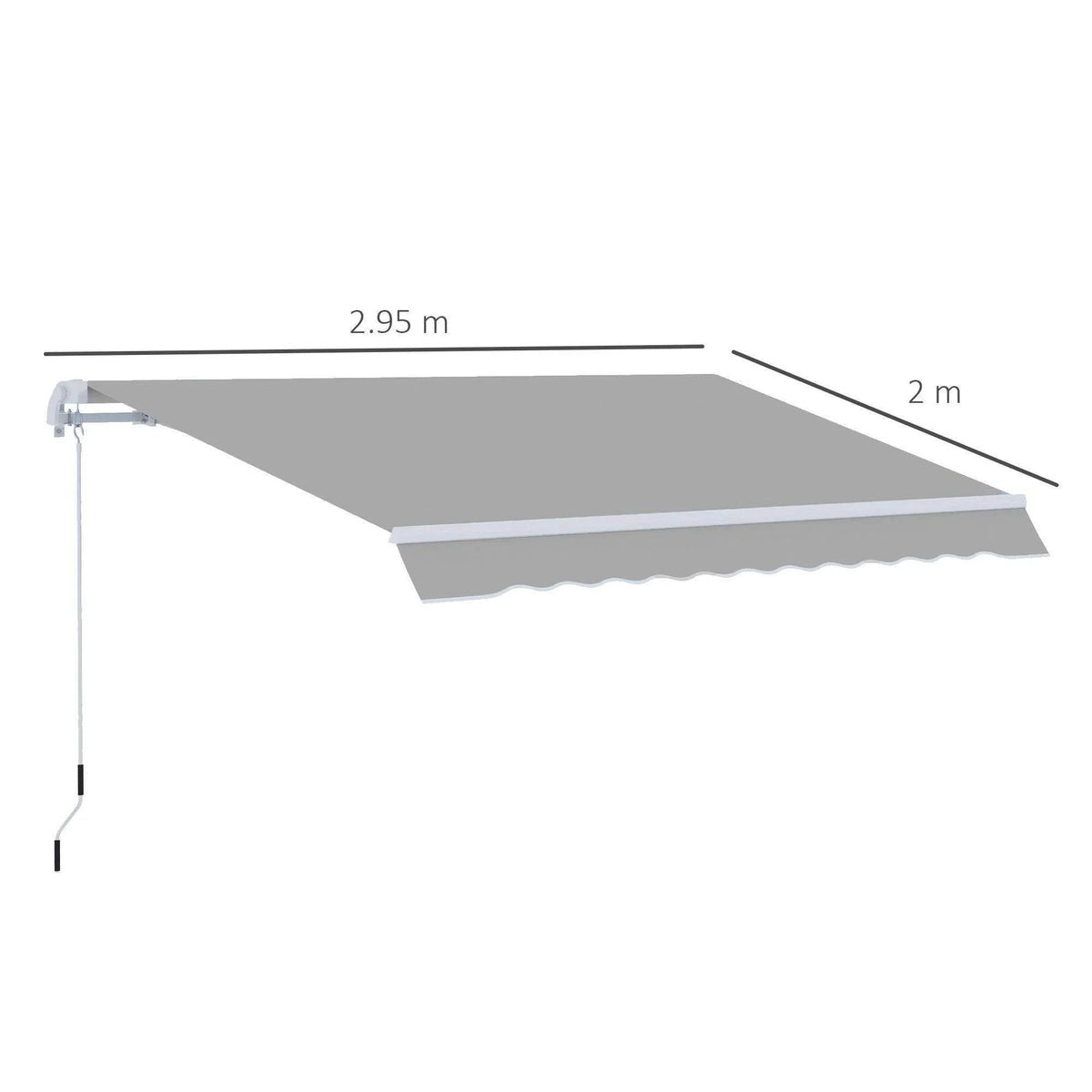 Light grey retractable window awning canopy with scalloped edge and white supports