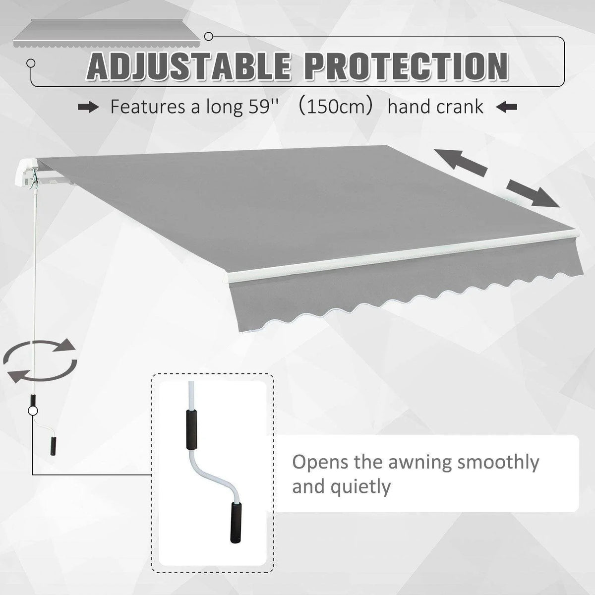 Light grey retractable window awning with hand crank and smooth open/close motion