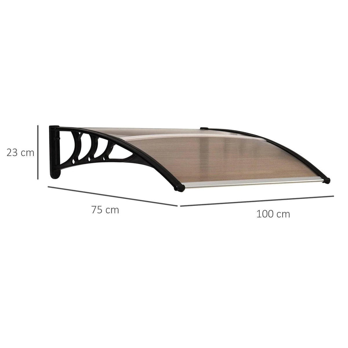 Window canopy with smoke-tinted panel and black curved wall bracket, 100 cm wide