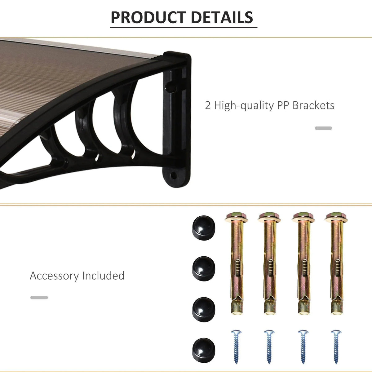 Window canopy end bracket with black PP supports and included mounting screws