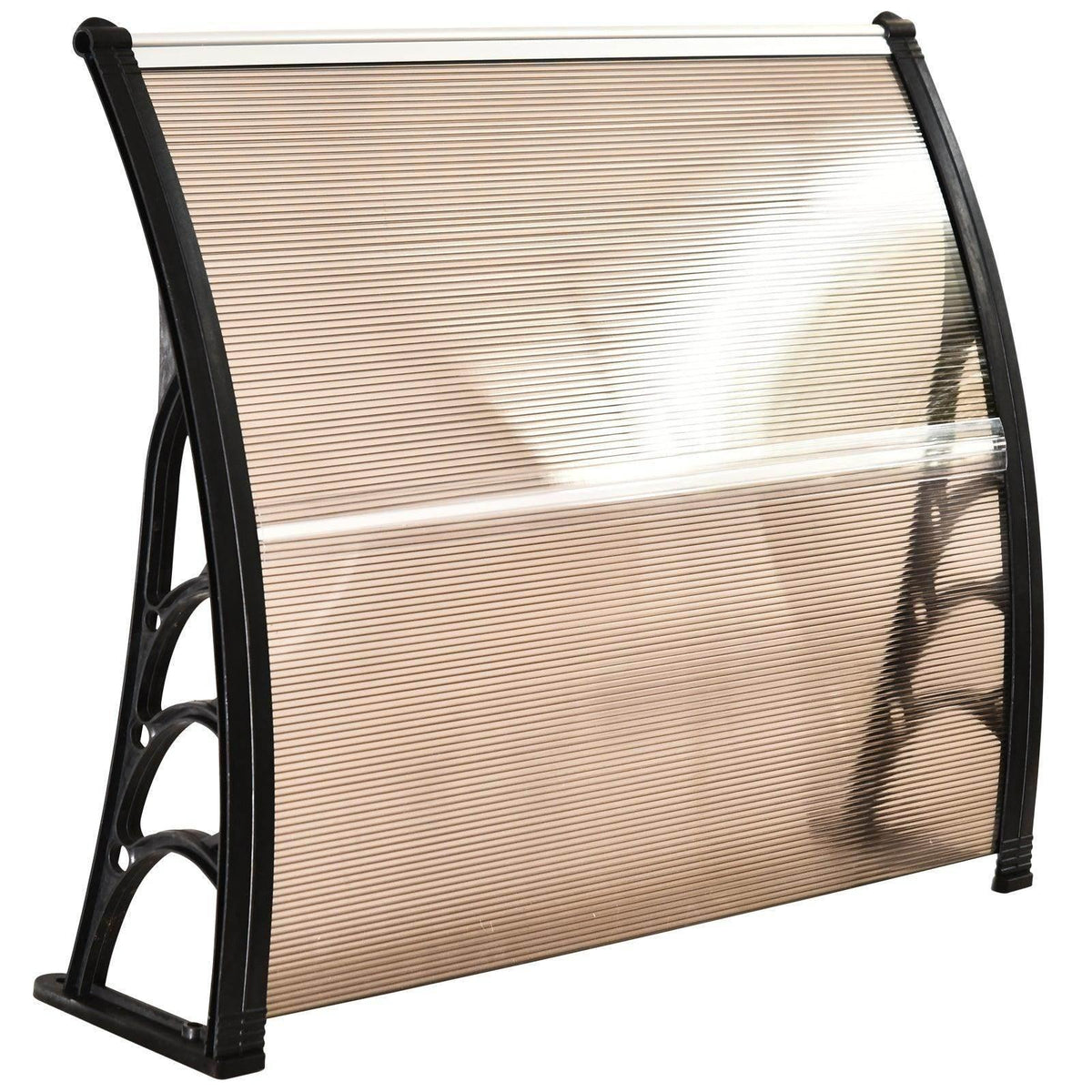 Window canopy with bronze-tinted ridged panel and black arched frame