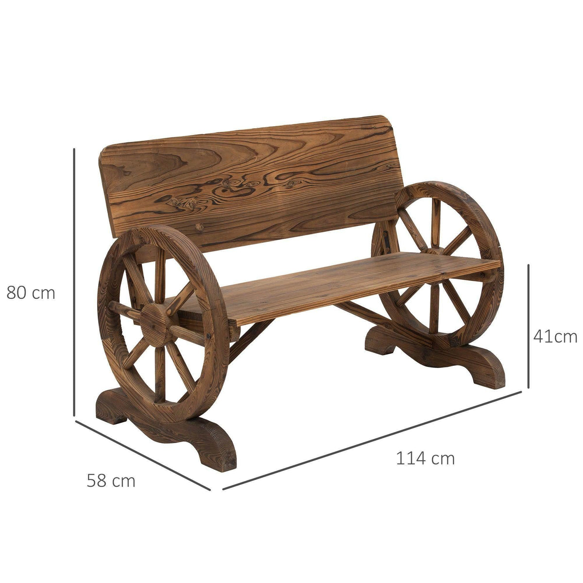 Rustic 2-seater wooden garden bench with wagon-wheel legs, curved arms, and backrest