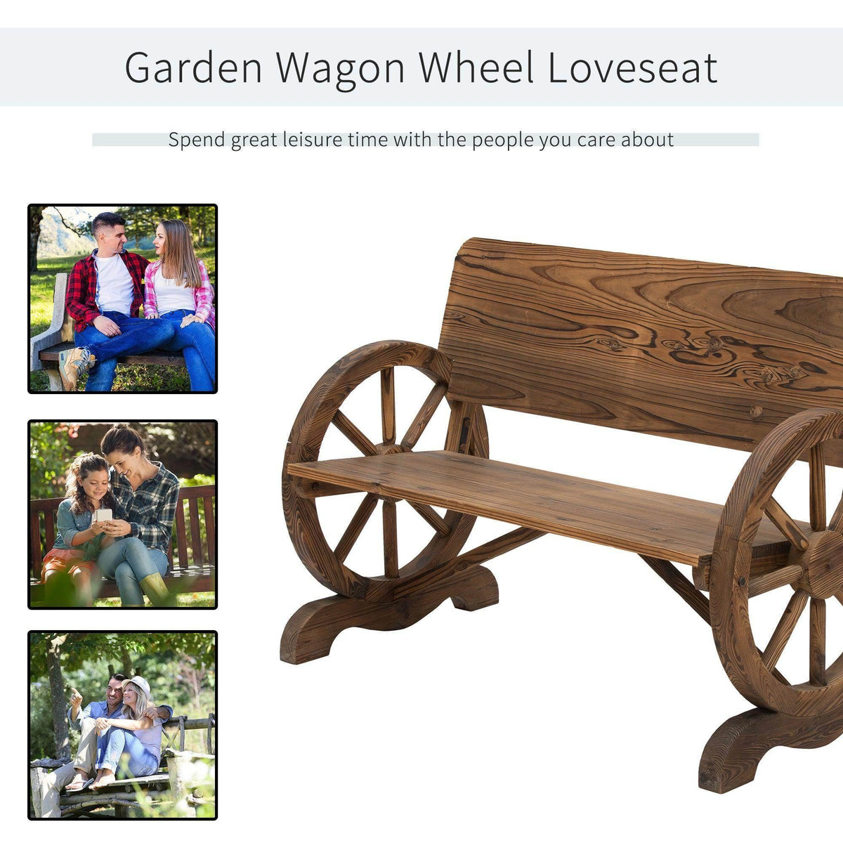 Rustic wooden loveseat bench with wagon-wheel design and slatted backrest