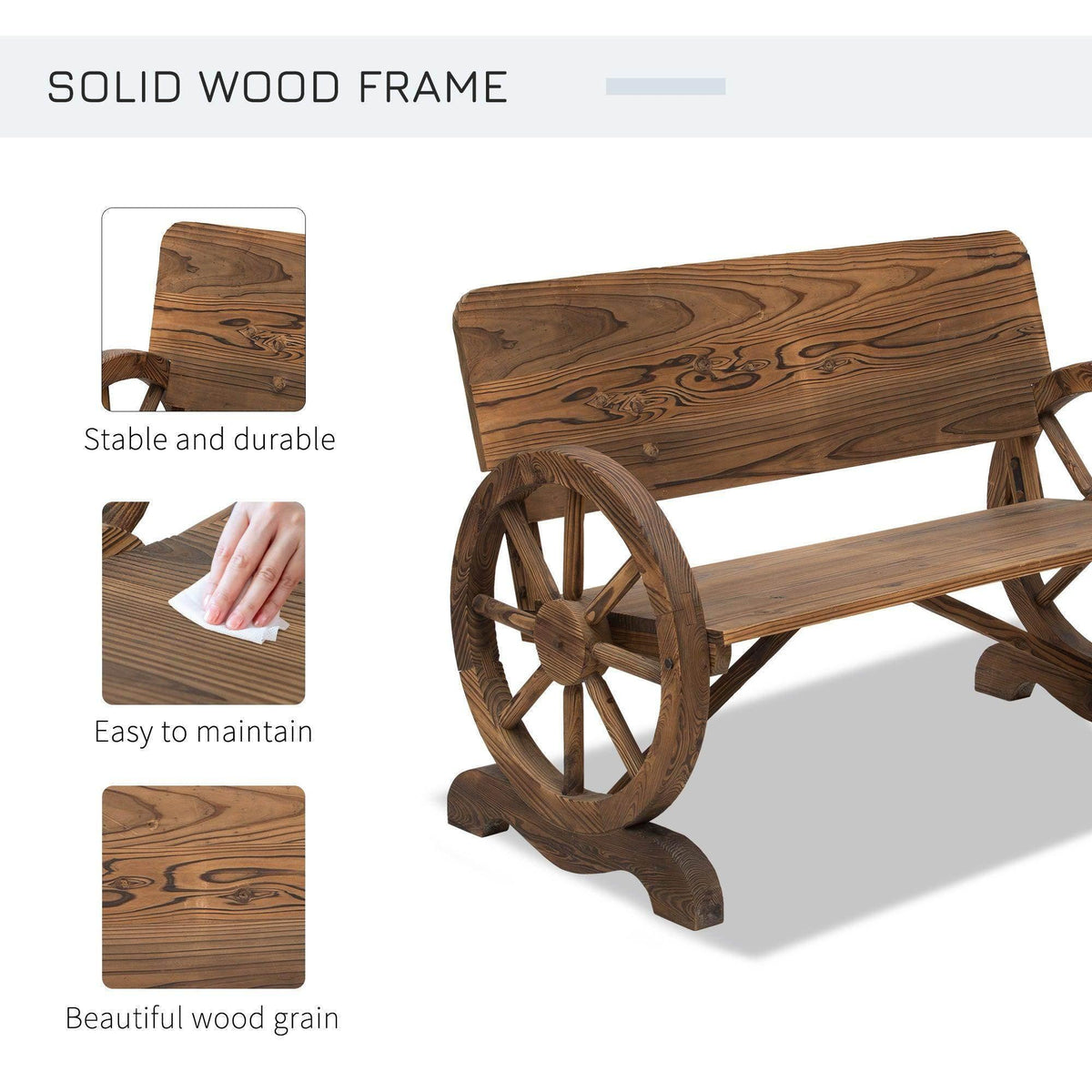 Solid wood garden bench with wagon-wheel frame and smooth curved arm supports