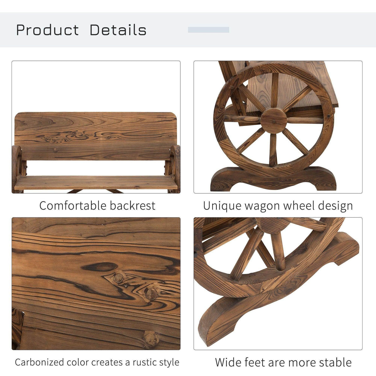 Wooden garden bench with comfort backrest, distinct wood grain, and wagon-wheel base