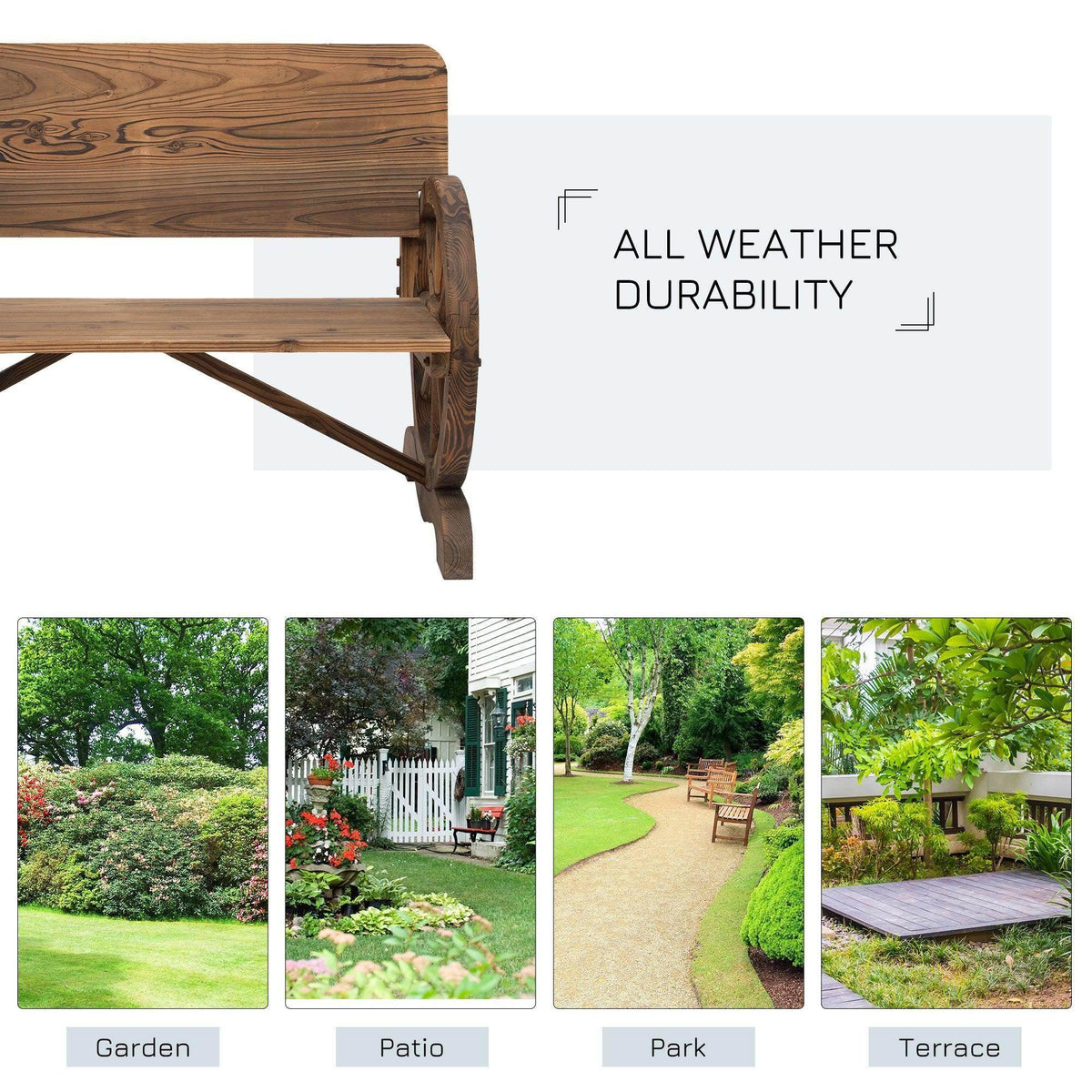 End view of rustic wooden bench with wagon-wheel leg frame and sturdy arm supports