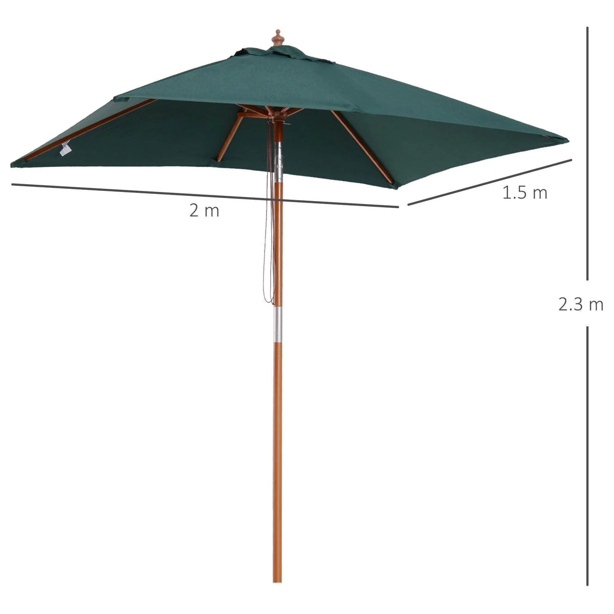 Patio umbrella with dark green canopy and brown wooden pole, 6-panel design