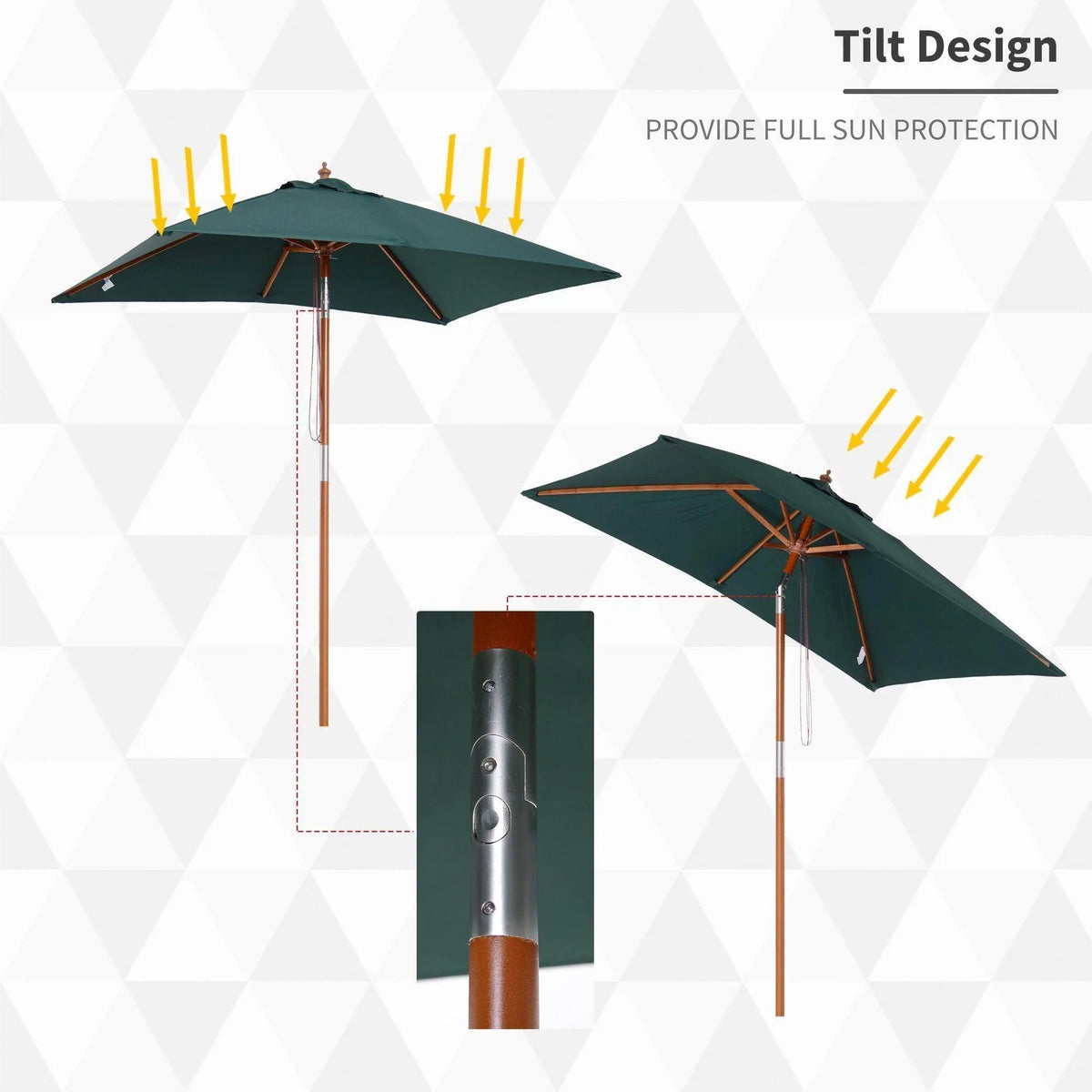 Tilting patio umbrella with dark green canopy and brown wooden ribs