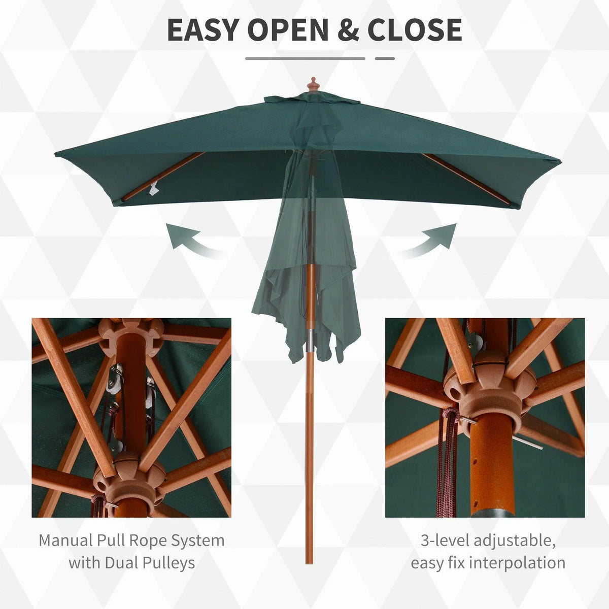 Patio umbrella with manual pull rope open-close system and dark green canopy
