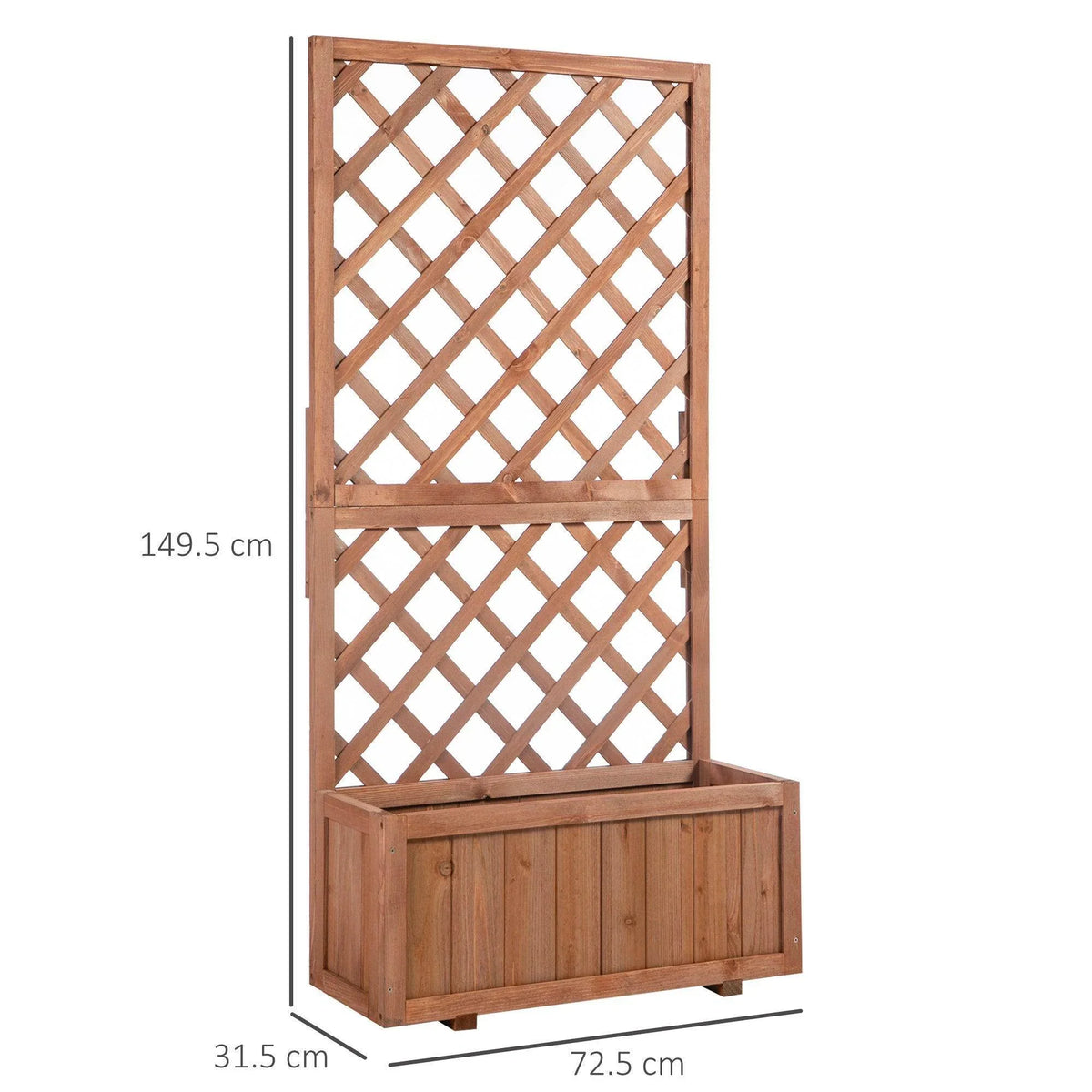 Wooden trough planter with diamond trellis panel and side-front boards