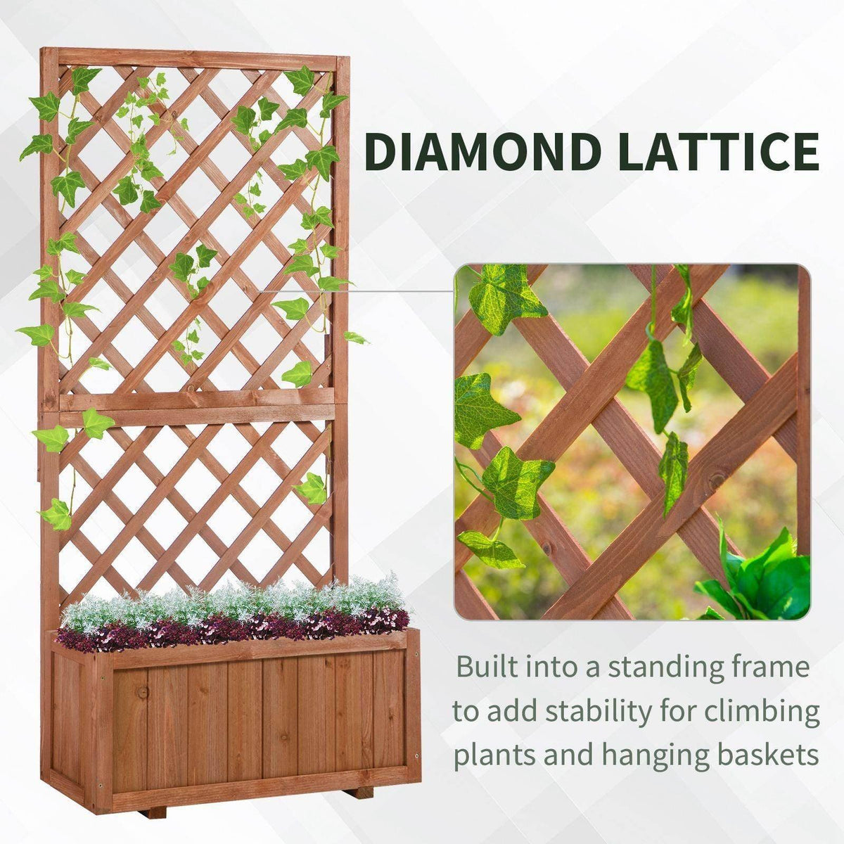 Wooden pine trough planter with diamond lattice trellis and flowering top plants