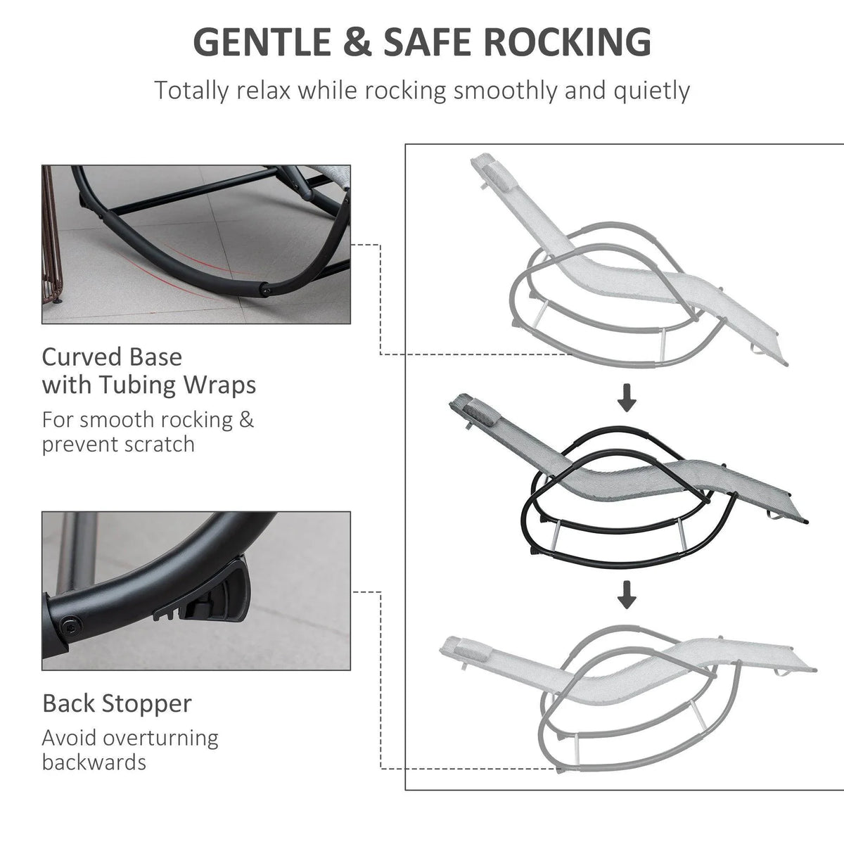 Zero-gravity rocking chair showing curved base tubing and back stopper design