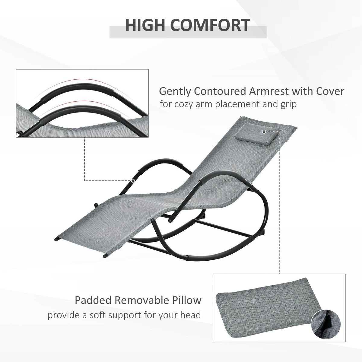 Zero-gravity lounge chair with contoured armrest cover and removable padded pillow