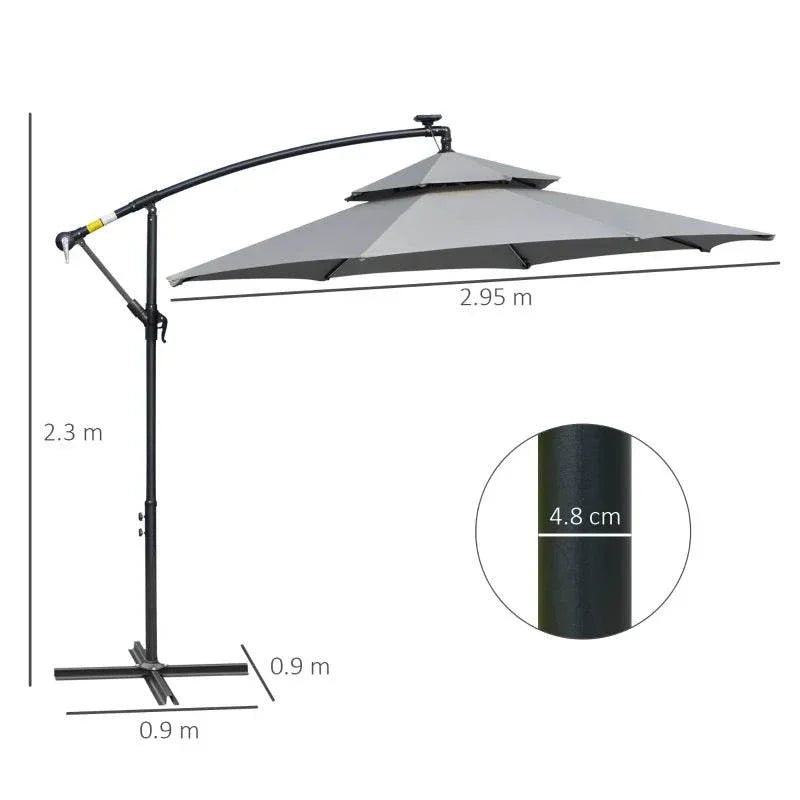 Light grey double-roof cantilever parasol on tall black pole with crank arm