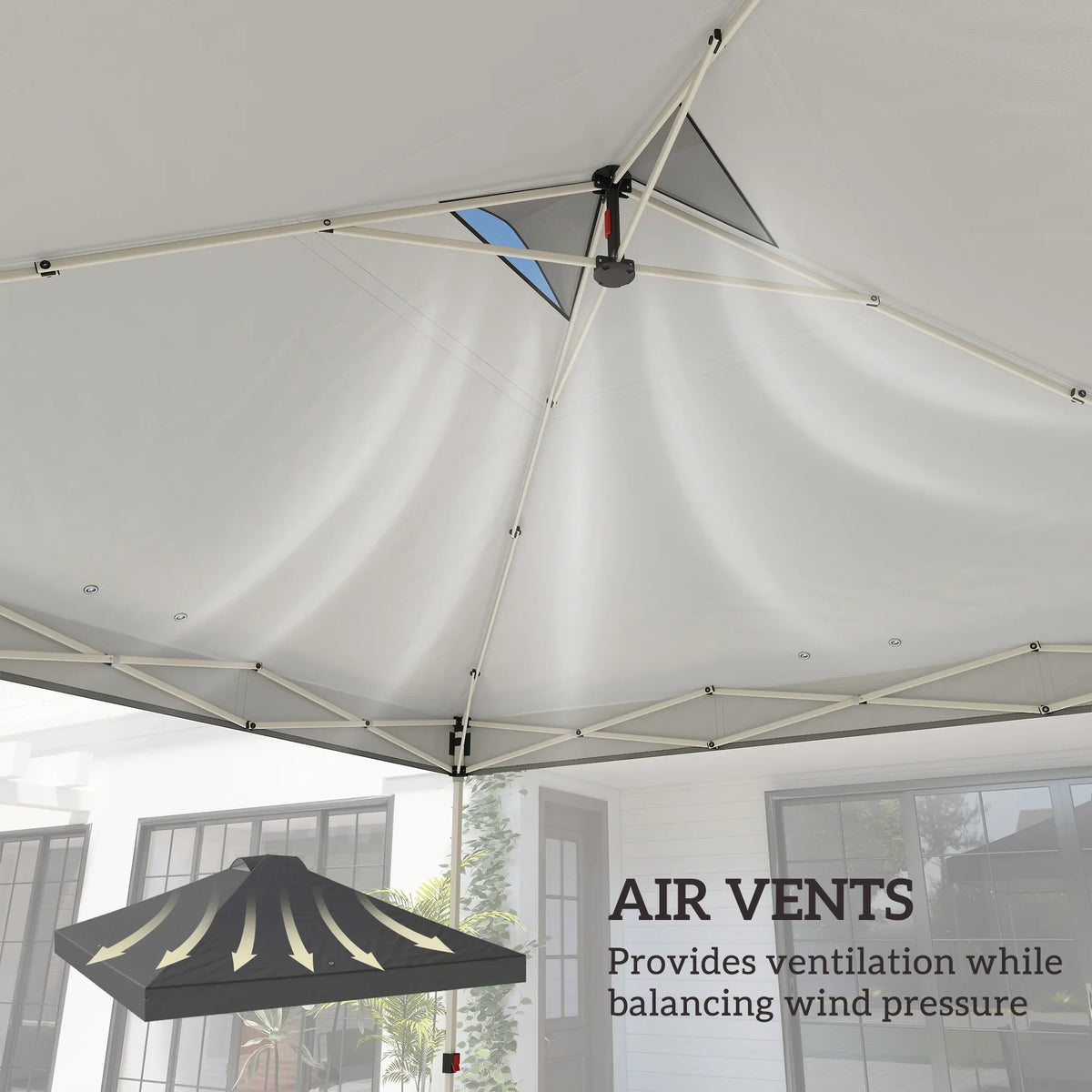 Dark grey gazebo roof underside with ventilation openings and support frame