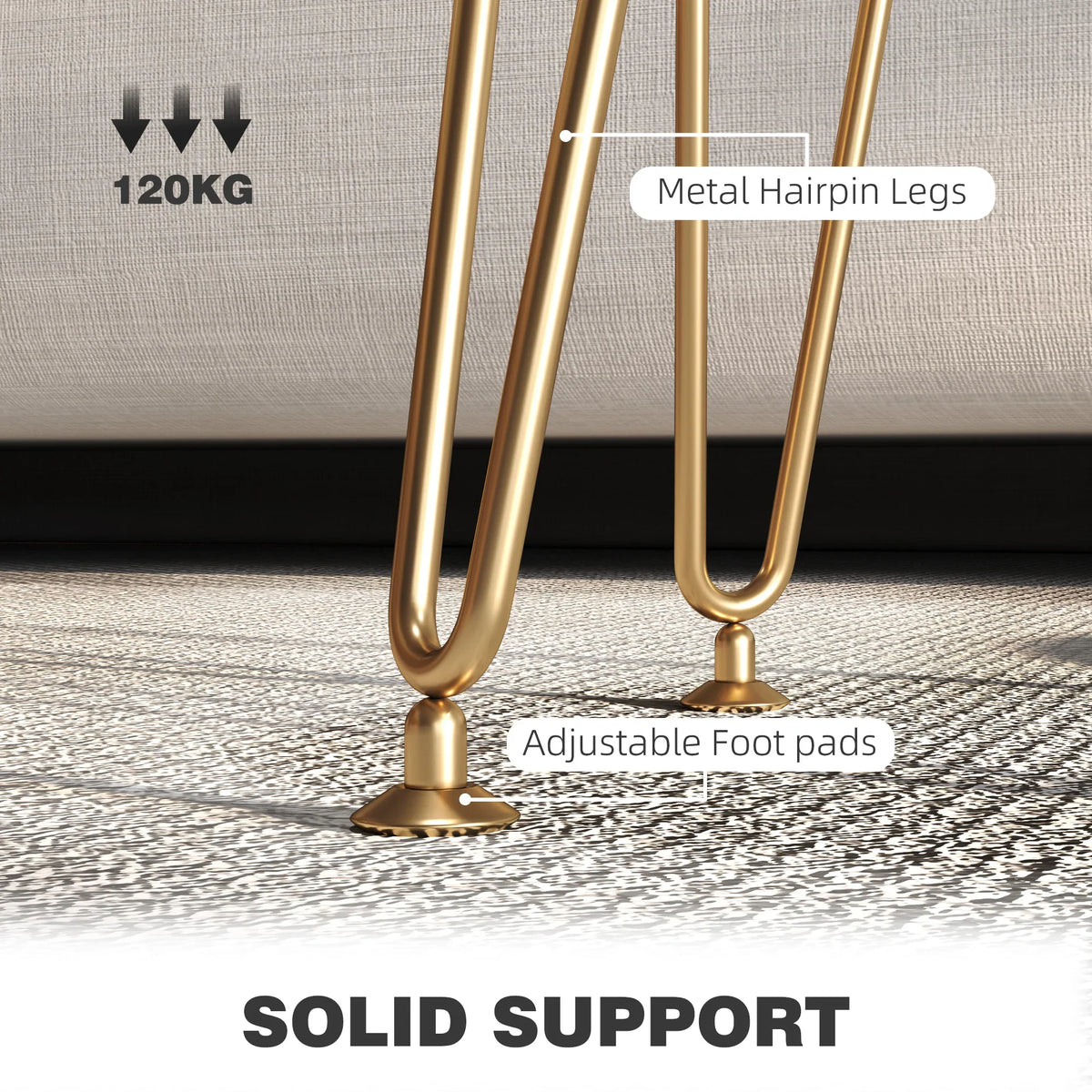 Cream ottoman on gold hairpin metal legs with adjustable foot pads