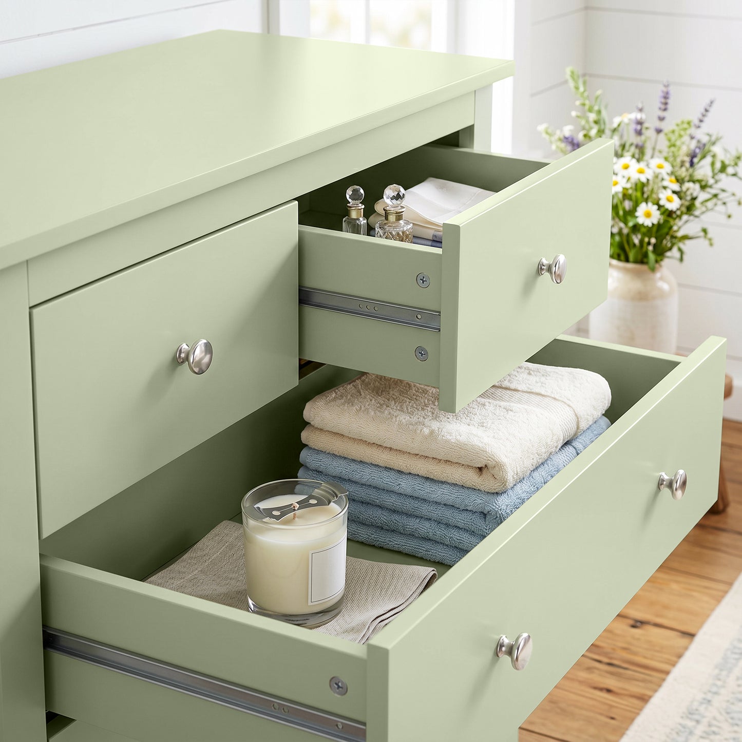 HOMCOM 5 Drawer Dresser Sage Green Modern Chest Of Drawers Wide Storage Unit For Bedroom Living Room Hallway