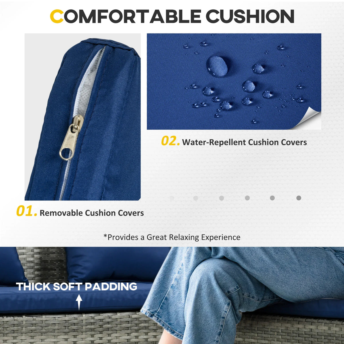 Blue cushion with removable zip, water-repellent cover, and thick soft padding