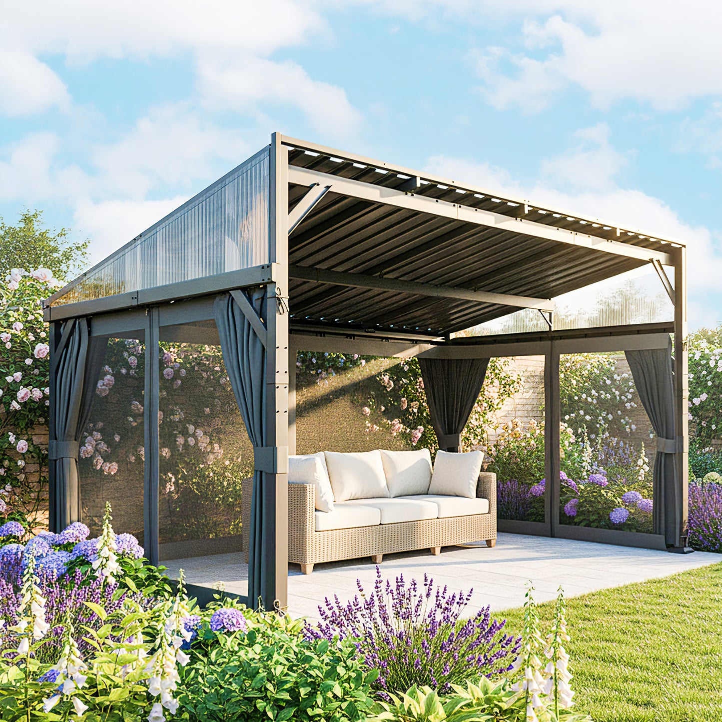 Outsunny 4.3m By 3m Garden Pergola With Galvanized Steel Roof Lean To Gazebo With Netting Curtains Dark Grey